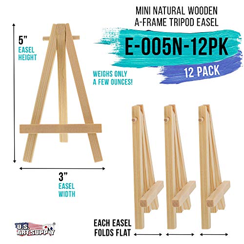 U.S. Art Supply 5" Mini Easel (12 Pack) - Natural Wooden A-Frame Tabletop Display Stand, Mini Easel Stand - Small Easels for Display, Small Canvases, Crafts, Business Cards, Signs, Photos, Gifts