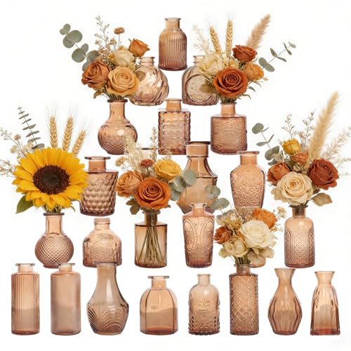 Petal Petite Glass Vase Set of 24 Small Amber Glass Bud Vases, Mini Vintage Flower Vases for Wedding Centerpieces & Table Décor, Champagne Vases in Bulk for Single Stem, Home and Office Decor - color: Amber