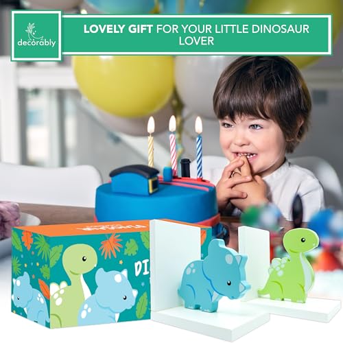 Decorably Dinosaur Book Ends for Shelves - 2-Piece Non-Skid Wooden Decorative Kids Bookends for Boys and Girls Room, Baby's Nursery, Classroom Decor - style: Baby Blue & Green