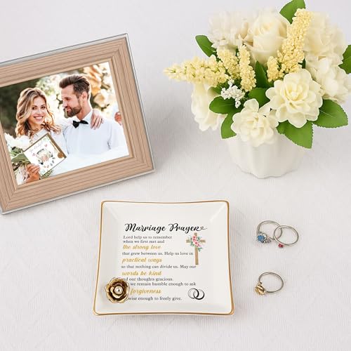 Christian Wedding Gifts for Couple, Marriage Prayer 4" Ceramic Jewelry Dish for Women, Religious Wedding Gift for Newlyweds, Wife - Married Couples Anniversary - Mr & Mrs, Bridal Shower Gift - color: Marriage Prayer