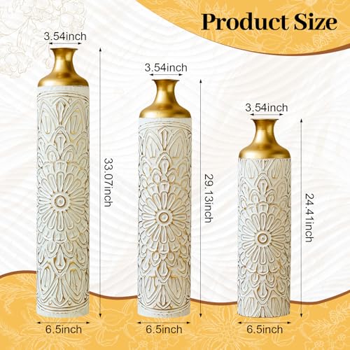 Floor Vases, Tall Home Decor Metal Vase Set of 3 Large Glazed Decorative Vases for Wedding Decor, Elegant Modern Flower Holder for Living Room, Entryway, Hallway, Dining Room - color: Floral Ivory Gold