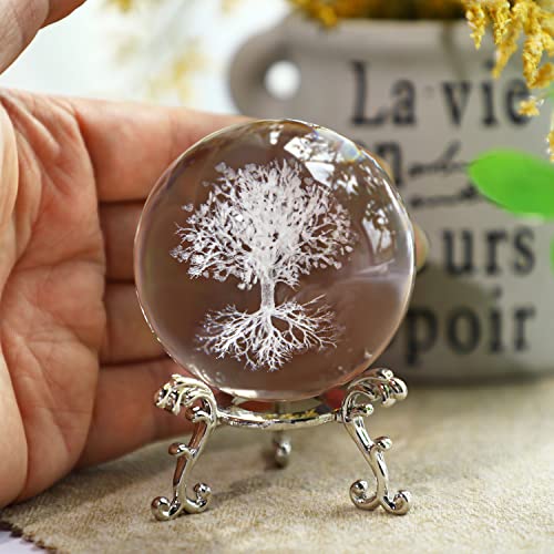 H&D HYALINE & DORA 60mm Tree of Life Crystal Ball with Stand Decorative Paperweight 3D Laser Engraved Glass Plant Life Tree Sphere Novelty Home Decor - color: 60mm Tree of Life