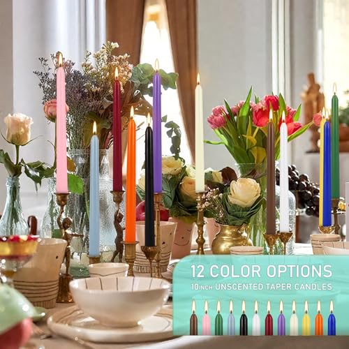 YOROXRG 24 Colored Taper Candles, 7-8 Hours Burn Time, Unscented, Smokeless and Dripless, 0.75 x 10 Inch Dinner Candle Set for Household, Wedding, Party and Home Décor Candlesticks - color: Colors-24