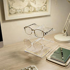 2-Tier Acrylic Sunglasses Display Stand, Clear Glasses Stand for 2 Pairs, Luxury Gold Trimmed Eyeglasses Holder for Oversized Frames & Reading Glasses, Compact Nightstand Desktop & Retail Counter - size: 1PC(2-TIER)