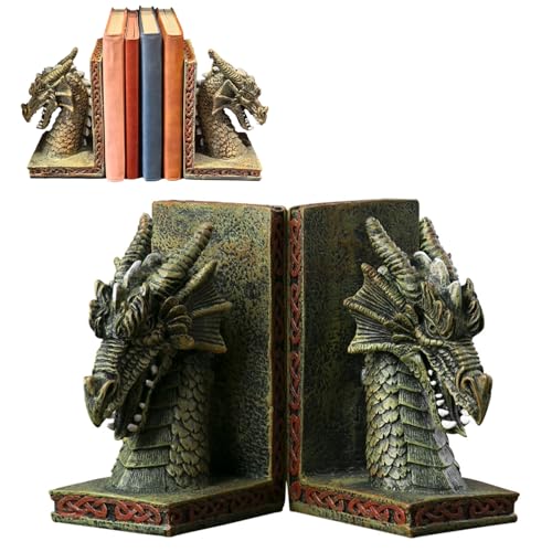 Dragon Book End, Decorative Dragon Bookends, Unique Bookends for Heavy Books, 1 Pair Vintage Cool Dragon Statue for Shelves, Resin Dragon Book Stopper for Bookshelf, Gifts for Book Lover