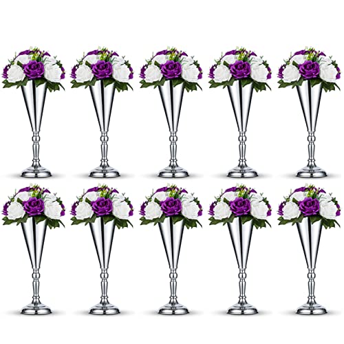 10 Pcs Tabletop Silver Metal Wedding Flower Trumpet Vase, 14 inch Table Decorative Centerpiece Artificial Flower Arrangements for Anniversary Ceremony Party Birthday Event Home Decoration (Silver) - color: Silver, size: 14 inch x 10 Pcs