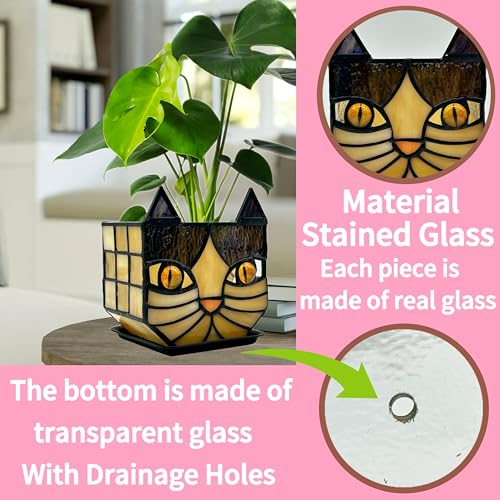 Yellow Cat Plant Pot with Drainage,Cute Planters for Indoor Plants,Stained Glass Cat Flower Pots,Fun Candle Holder Glass Container,Gifts for Gardeners Woman - color: Black-yellow