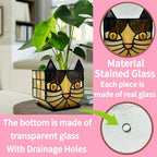 Yellow Cat Plant Pot with Drainage,Cute Planters for Indoor Plants,Stained Glass Cat Flower Pots,Fun Candle Holder Glass Container,Gifts for Gardeners Woman - color: Black-yellow