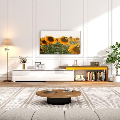 Extendable TV Stand with LED Light, Modern Entertainment Center for up to 120 Inch TV, Wood TV Media Console with 2 Drawers & 2 Cabinets for Living Room Bedroom, 75"-110", High Gloss White & Walnut - color: High Gloss White & Walnut