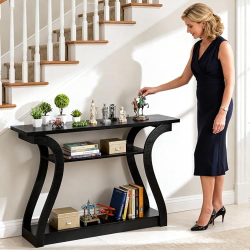 SUPER DEAL Wood Console Table 3 Tier Narrow Entryway Table with Curved Frame and 2 Open Storage Shelves Accent Sofa Table for Hallway Living Room Bedroom, 47 in Black - color: Black