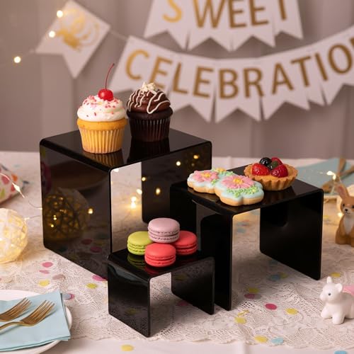 Chuangdi 2 Sets Acrylic Display Risers, Product Stand, Jewelry Display Riser Shelf Showcase Fixtures for Dessert Cupcake Candy Figure Treat Action Showcase(Black,Medium Set) - color: Black, size: Medium Set