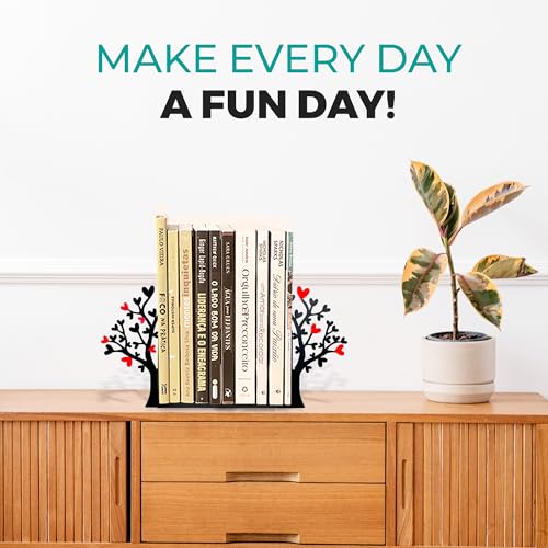 Tree Bookends with Heart-Shaped Leaves - Steel with Epoxy Coating and Wood Base - Decorative Pair of Book Holders for Shelves and Desk - Black with Red Accents – Geguton - color: Flower-heart Tree - Red and Black