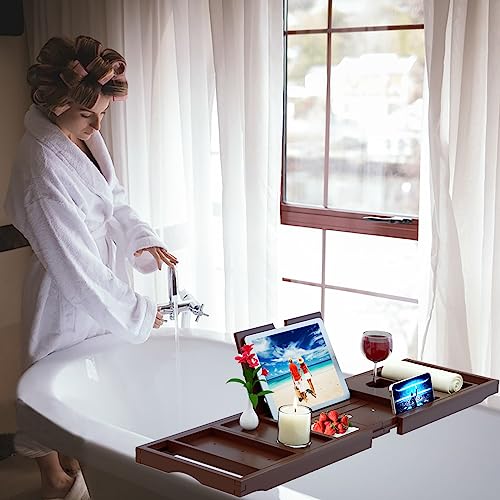 Premium Bamboo Bathtub Caddy Tray - Bath Tray - Bath Tub Tray Table for Bathtub - Expandable Size, Fits Most Bath Tubs - Brown - color: Brown