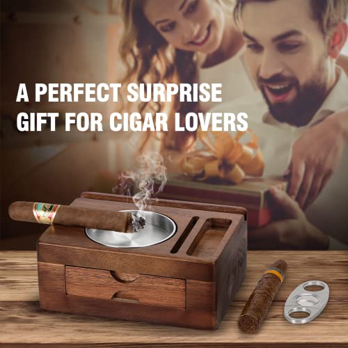Tesonway Cigar Ashtray, Wooden Cigar Ashtrays with Cigar Cutter, Phone Tablet Holder, Cigar Holder, Accessories Drawer and Lighter Slot, Home Bar Outdoor Ashtray, Great Cigar Accessories Gift for Men