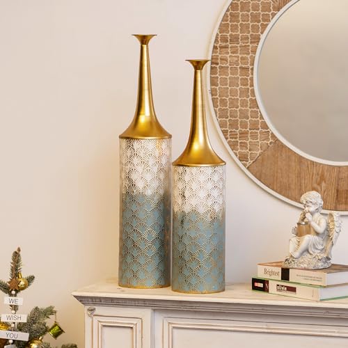 Sziqiqi Large Floor Vases Decorative Tall- 23.4/26in Set of 2 Coastal Big Vase for Home Decor Living Room Rustic Flowers Vases Metal Plant Farmhouse Vases for Pampas Grass Feathers Twigs Branches - style: Blue Floor Vases