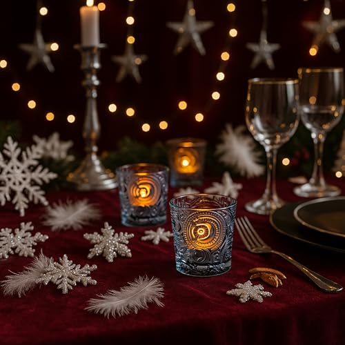 6 Pack Sun Moon Star Embossed Glass Tea Light Candle Holders - Votive Candle Holders for Wedding, Party, Home Decor, and Table Centerpieces (Gray) - color: Slate Gray