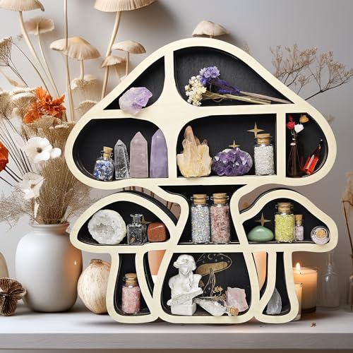 Wooden Mushroom Floating Shelves, Crystal Display Shelf for Wall, Cute Mushroom Wall Decor, Rock Gem Stone Storage Organizer, Essential Oil Holder Hanging Case, Meditation Art Spiritual Gift - color: 3 Mushrooms