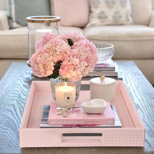 HofferRuffer Rectangle Serving Tray with Hole Handles for Coffee Table, Breakfast, Tea, Food, Butler - Countertop, Kitchen, Vanity Serve Tray, 16.2 x 12.2 x 2 inches, Faux Leather (Pink) - color: Pink, size: 16.2" x 12.2" x 2"