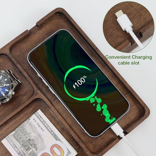 MultiBey Walnut Wood Valet Tray - Wooden Nightstand Organizer for Men Women, 4 Slot Desk Drawer Organizer Tray, EDC Catch All Tray with Cable Slot for Phone Watch Wallet Key Jewelry - color: Walnut