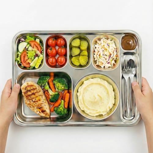 Korean Stainless Steel Divided Plates with Cutlery Slot for Adults, Premium 304, Electro-Polished, No Black Residue, BPA-Free, XL 8-Compartment Food Tray, Camping, Set of 2 - size: 8 Compartments