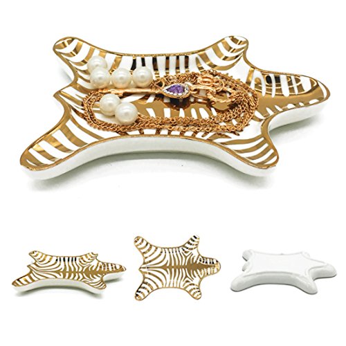 Zebra Stripe Jewelry Tray Ceramic Dishes Plate Gilded 5.9", Gold - color: Gold