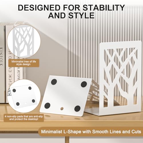 White Bookends 4 Pieces, Tree Design Modern Metal Bookends for Shelves, Unique Tree Book Ends Decorative Book Organizer for Desk, Decorative Shelve Book Stopper for Home Office - color: White 4 Pieces