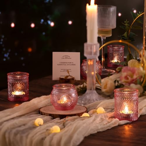 DARJEN 24Pcs Pink Votive Candle Holders- Glass Candle Holders Bulk for Flameless LED Tea Waxes, Romantic Candle Holder for Wedding Decor, Various Parties & Dinner Table - color: Pink