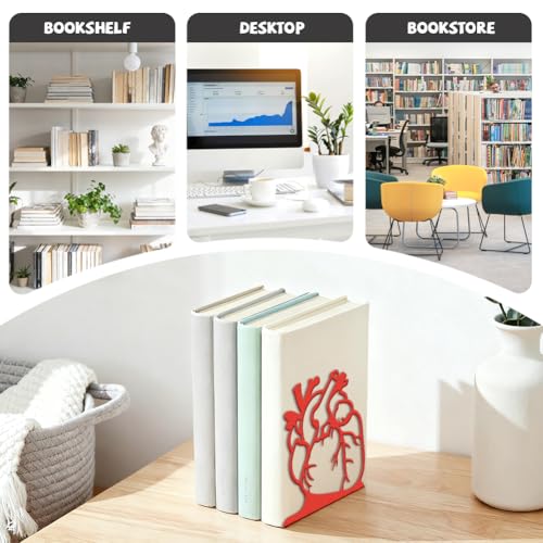 Peacoblue Metal Bookends for Shelves, Modern Decorative Heavy Duty Study Book Ends Stoppers for Office, Desk, Shelf, Room 5.3"x4.3"x5.9" Cast Iron Simple Tall Bookends 1 Pair (Realistic Human Heart) - style: Realistic Human Heart