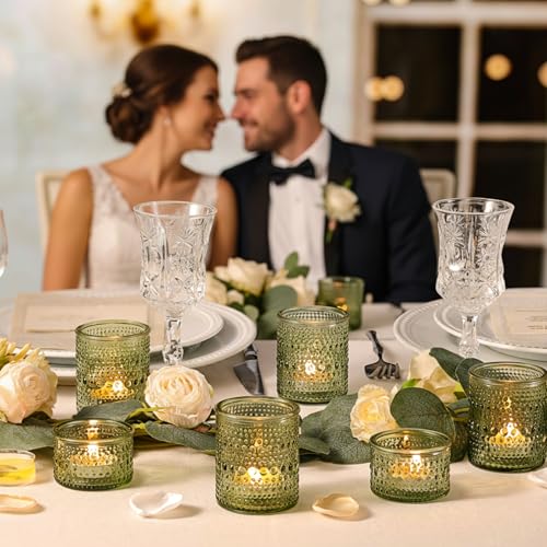 NITIME Green Votive Candle Holders Set of 24, Assorted Heights Polka Dot Tealight Candle Holders for Table Centerpiece, Green Glass Candle Holder Decor for Wedding, Party & Home Decor - color: Green