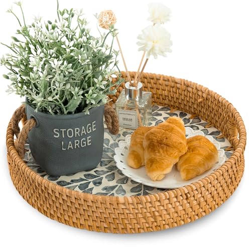 KOLWOVEN Round Rattan Tray with Handle, Rattan Serving Tray with Mother of Pearl Inlay Wooden Base (White- Black Leaves) - color: White- Black Leaves