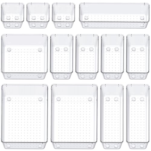 SMARTAKE 13-Piece Drawer Organizers with Non-Slip Silicone Pads, 5-Size Desk Bathroom Drawer Organizer Trays Storage Tray for Makeup, Jewelries, Utensils in Bedroom Dresser, Office and Kitchen, Clear - size: 13 PCS