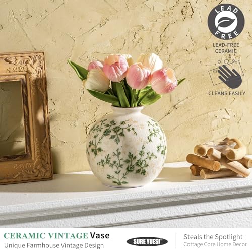 Green Pastoral Round Ceramic Vase 5.9”, Vintage Floral Rustic Farmhouse Vase, Chinoiserie Tuscan Cottage Core Decor for Living Room, Office - color: 13-green and Beige