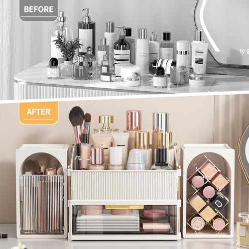 INVSSENE Stackable Makeup Organizer Countertop, Storage Perfume Skincare Cosmetic Lipstick Face Mask Makeup Brush Palettes, Ideal for Vanity Bathroom Counter - color: 3516 White+Clear