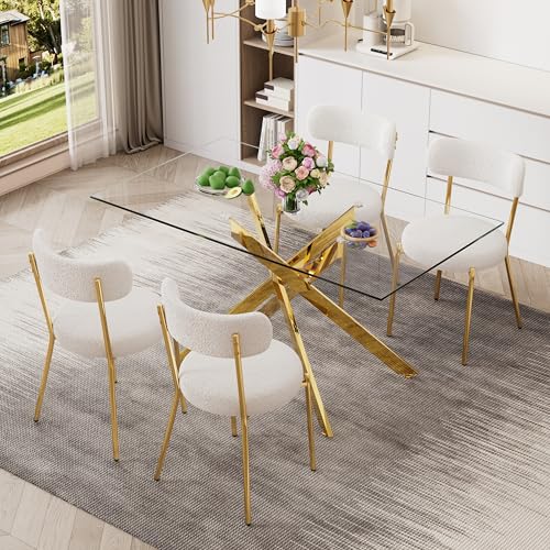 51'' Modern Glass Dining Table for 4, Rectangular Tempered Table Top Gold Base with 4 Luxury White Gold Boucle Dining Chairs, 5 Piece Dining Room Table Set, Easy Assemble - color: Golden+white Gold Chairs, size: 51'' + 4 Chairs