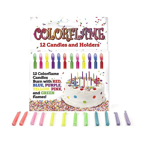 Amazing Colorflame Multicolor Happy Birthday Candles and Holders (12 Count),Unscented