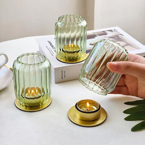 Vixdonos Glass Hurricane Tealight Candle Holder with Metal Candle Stand,Set of 3 Modern Windproof Votive Candle Holders for Wedding Party Table Centerpiece Outdoor,Green - color: Green