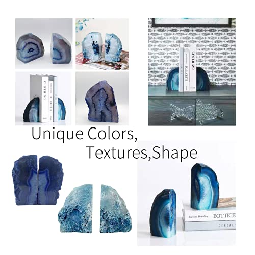 Natural Geode Bookends Pair - 3-4 lbs Heavy Duty Dyed Blue Agate, Non-Slip Crystal Bookends for Shelves | Vibrant Home Office Decor - color: Blue, size: 3-4LBS