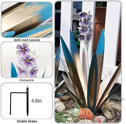 Metal Agave Plant Garden Art, 2 Pack Tequila Rustic Sculpture, Rustic Metal Agave Plants Lawn Home Ornaments, for Yard Stakes, Garden Figurines, Outdoor Patio (2 PCS Purple Flowers) - color: 2 Pcs Purple Flowers