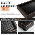 Wooden Valet Tray Desk Organizer with Leather Base,Nightstand, Entryway Bedside Dump Holder for Wallets, Keys, Watches, Jewelry & Sunglasses