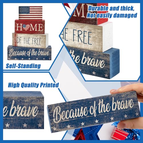 CroBlissful 4 Pcs Memorial Day Decorations Patriotic 4th of July Tabletop Decor Red White Blue Table Centerpieces Wood Block God Bless Sign for Tiered Tray Home Shelf Mantel - style: Flag