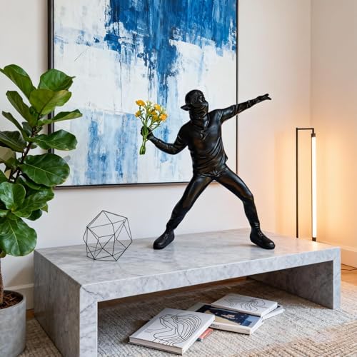 Banksy Street Graffiti Art Statue,Throwing Flower Boy Figurine,Resin Statue Ornaments,Living Room Dining Desk Decorations,Bookshelf Decorative Objects,Modern Home Decor(8.6"/Black) - color: Throwing Flower Boy-black-1