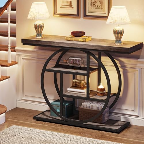 Tribesigns 41.3" Console Table, Industrial 4-Tier Sofa Table Entryway Table with Circle Base, Narrow Wood Accent Tables with Storage Shelves for Living Room, Hallway, Foyer, Gray | Industrial, Sofa Table, Entryway Table, Narrow, Accent Tables, Storage She