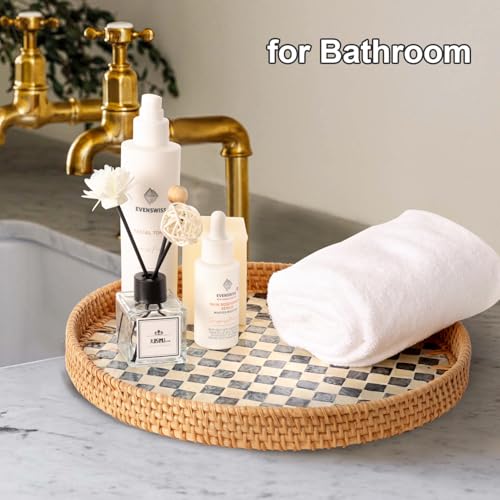 Round Rattan Tray with Mother of Pearl Inlay, Rattan Serving Tray for Coffee, Bread, Fruits, Decorative Wicker Tray for Table Decor, Home Decor, Kitchen Island Decor(Black Checkerboard, 11.8")