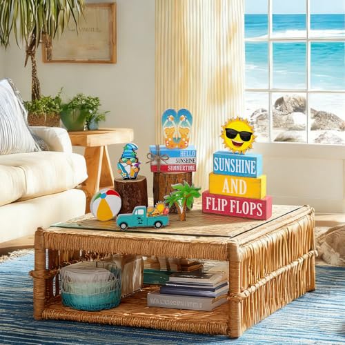 Vercraft 11 Pcs Summer Decorations Set Sunshine Tiered Tray Decor Hello Sweet Summer Wooden Blocks Flip Flops Coconut Tree Centerpiece for Home Office Decorations - style: Hawaiian