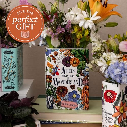 Steel Mill & Co Original Large Book-Shaped Decorative Vase, Ceramic Vases for Home Decor, Cute Bookshelf Decor, Unique Vase for Book Lovers, Alice's Adventures in Wonderland - Floral Nonsense