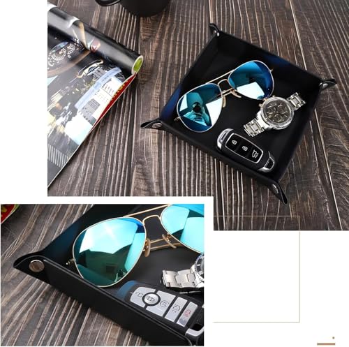 Luxspire Valet tray, PU Leather Tray, Catchall Tray, Men Women Jewelry Key Tray, Desk Storage Plate for Key Coin Phone Jewelry Wallet, Small Size - Black - size: 8.6" x 8.6" x 0.1"