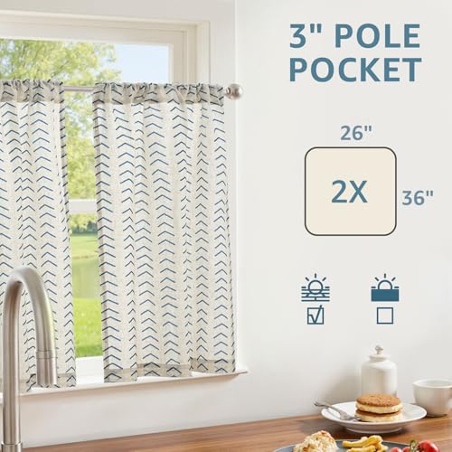jinchan Boho Linen Blend Kitchen Curtains 36 Inch Length Herringbone Printed Tier Curtains for Small Windows Bathroom Cafe Laundry Room Set of 2 Rod Pocket Blue on Linen - color: Arrow | Blue on Linen, size: 26"W x 36"L (Pack of 2)