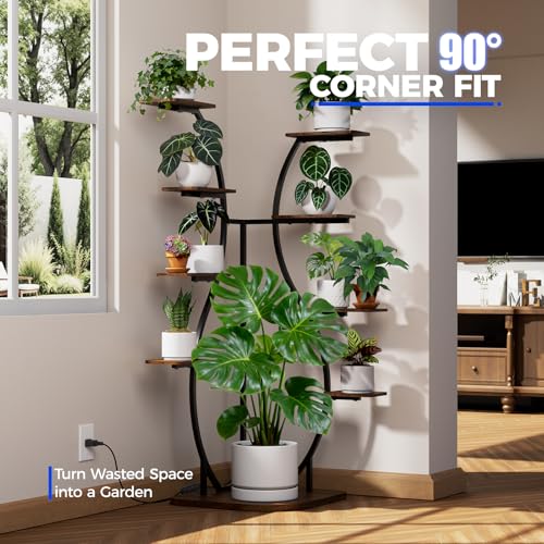 Barrina LS12 Corner Plant Stand with Grow Light, 62.2" Tall 9-Tier Plant Shelf for Large Plant, Warm Full Spectrum T5 Grow Lights, S-Shape Corner Flower Holder for Living Room, Home Decor, Gardening