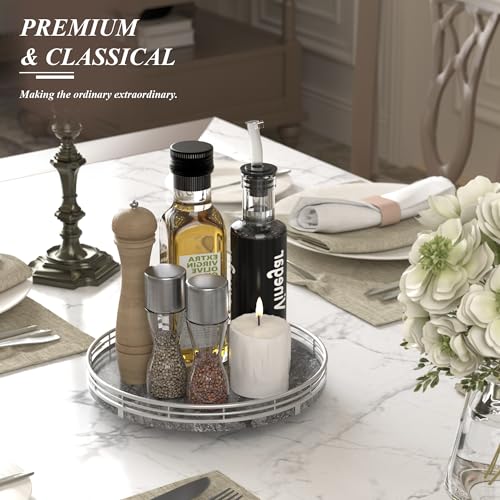 Gray Marble Lazy Susan Turntable for Table Top – 10” Round Marble Tray Organizer for Dining Table, Kitchen Countertop & Bar, Luxury Stone Serving Tray with Silver Frame - color: Gray & Silver, size: 10 inches