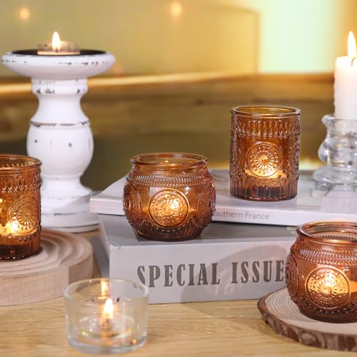 DARJEN 12Pcs Amber Votive Candle Holders - Vintage Glass Candle Holders for Flameless LED Tea Waxes, Tealight Candle Holder for Wedding & Home Table Decor, Vintage Parties - color: Amber, size: 12 PCS